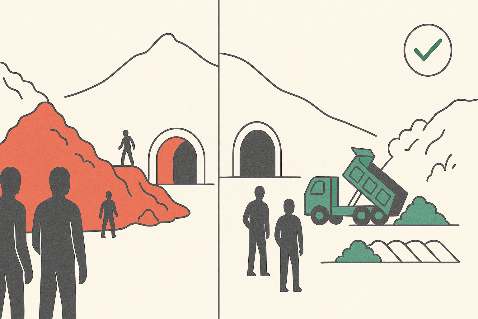 Illustration: Make safe disposal of tunnel muck a binding, audited condition of every hill-tunnel project